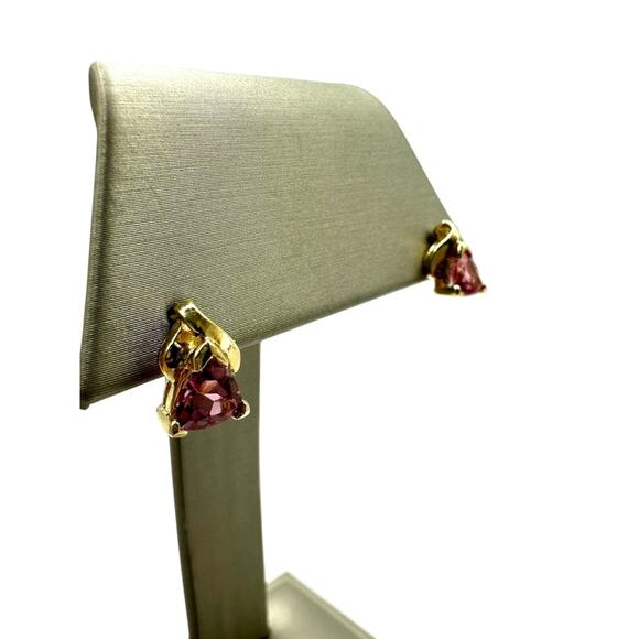 14K Yellow Gold Pink Trillion Cut Stone & .04cttw Diamond Earrings (17938) - Picture 3 of 6